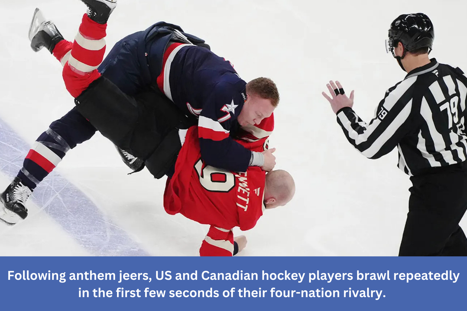 Following anthem jeers, US and Canadian hockey players brawl repeatedly in the first few seconds of their four-nation rivalry.usa canada hockey