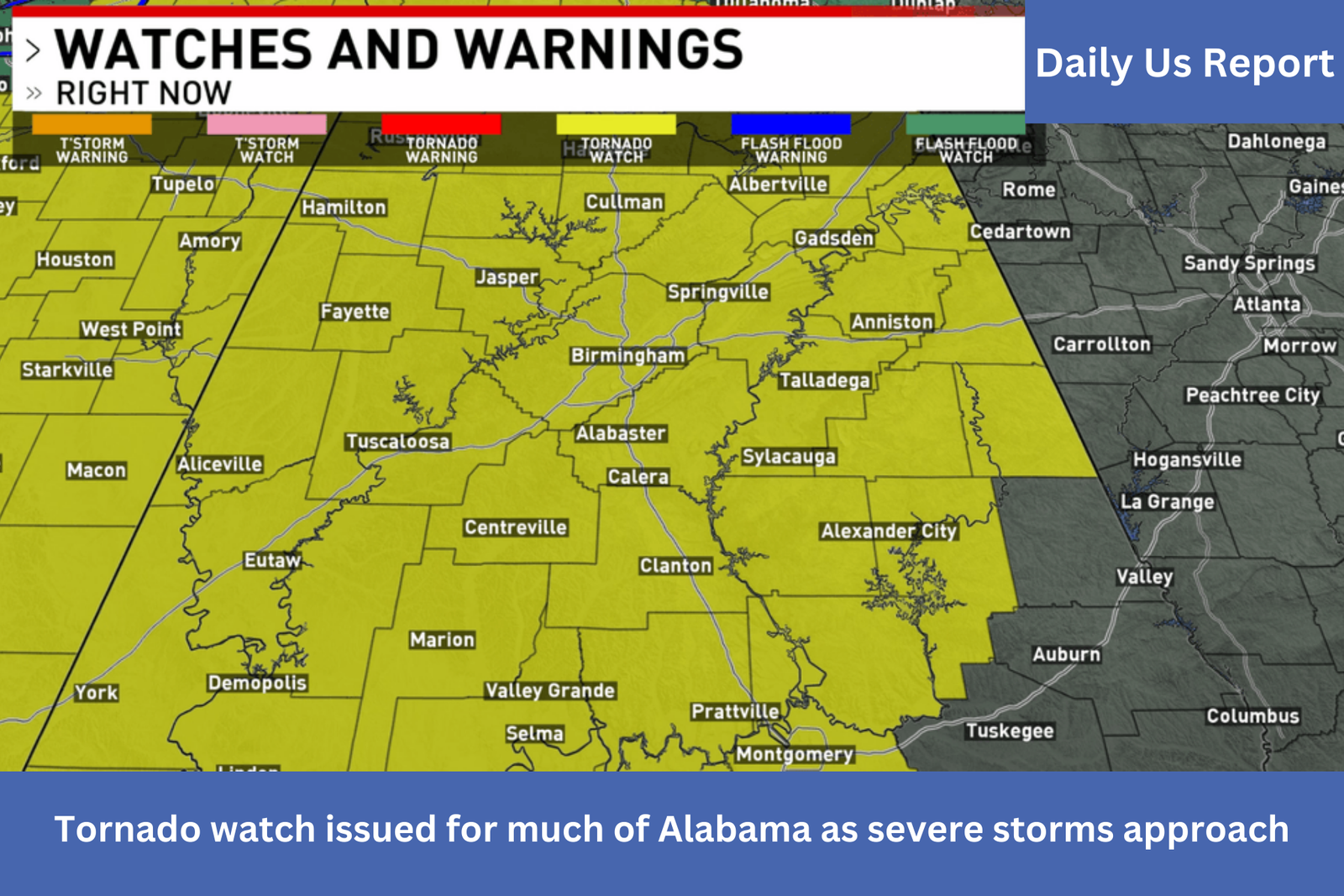 Much of Alabama is under a tornado watch as strong storms move in.